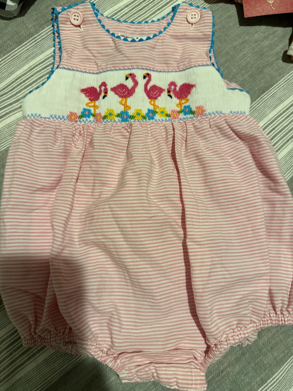 Pink Striped Flamingo Smocked Baby One-Piece
